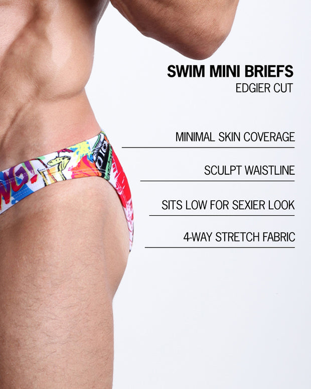 Infographic explaining the features of the PEOPLE FROM IBIZA Swim Mini Brief made by BANG! Clothes. These edgier cut mens swimsuit are minimal skin coverage, sculpts waistline, sits low for sexier look, and 4-way stretch fabric.