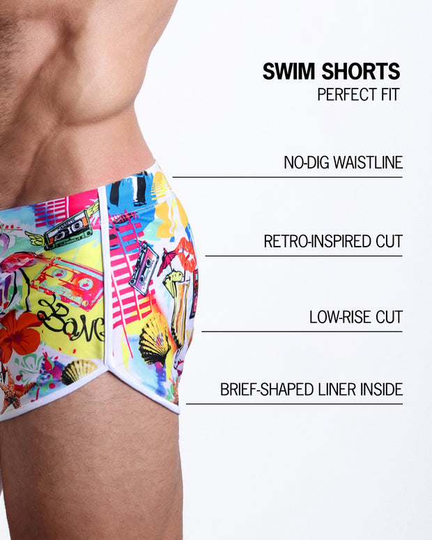Infographics explaining how perfect the BANG! Clothes Swim Shorts in PEOPLE FROM IBIZA are. They have a no-dig waistline, retro-inspired cut, low-rise cut, and have a brief-shaped liner inside.