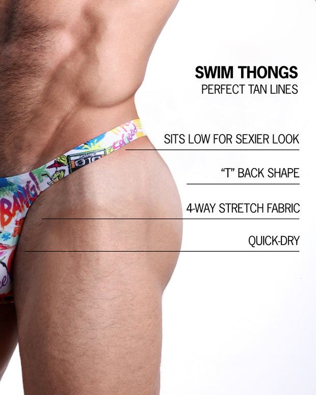 Infographic explaining the many features of the BANG! Clothes PEOPLE FROM IBIZA Swim Thongs. These Summer speedo fit men&