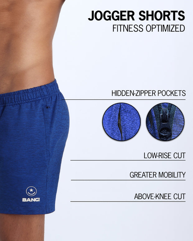 The BANG! PHYSICAL BLUE Jogger Shorts - designed with sweat-wicking fabric to keep you cool and dry, hidden zipper pockets to keep your essentials safe, a low-rise cut for a comfortable fit, and an above-knee length for maximum mobility. 
