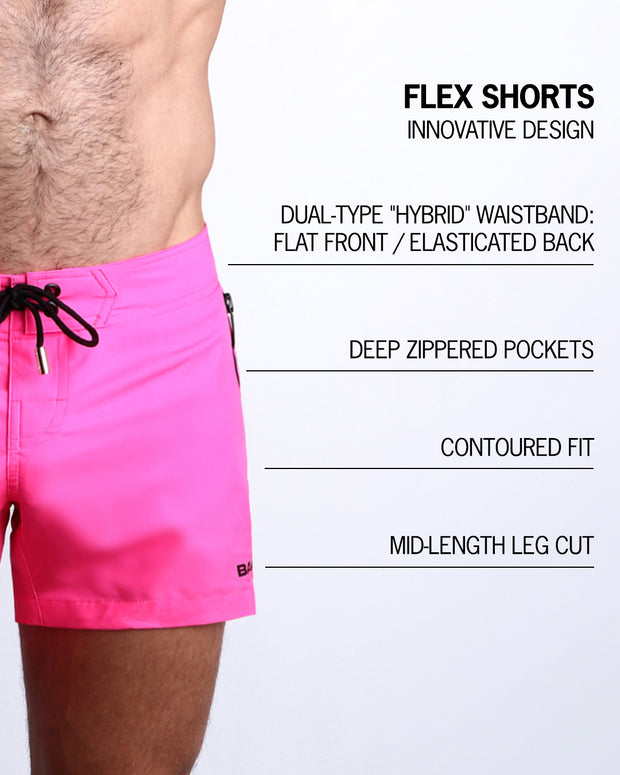 An infographic is available to explain the innovative design of FLEX SHORTS, which features a hybrid waistband, deep zippered pockets, a contoured fit, and mid-length leg cut.
