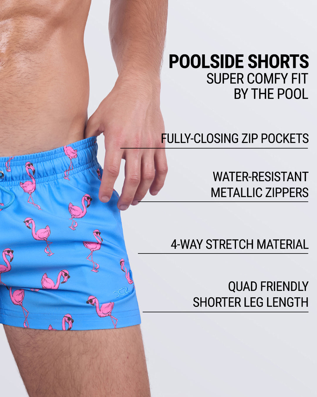Infographic highlighting the Pink Flamingos Poolside Shorts with fully closing zip pockets, water-resistant metallic zippers, 4-way stretch fabric, and quad-friendly shorter leg length.