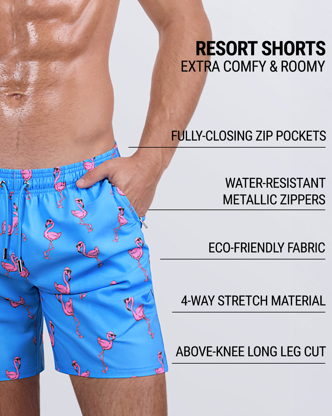 Detailed close-up of the PINK FLAMINGOS Resort Shorts by DC2 Miami, highlighting key features: roomy, above-the-knee leg cut, elastic waistband with an adjustable drawstring, fully-closing zip pockets, water-repellent fabric, metallic water-resistant zippers, and premium four-way stretch material.