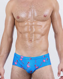Male model wearing DC2 Miami PINK FLAMINGOS swim brief featuring bold pink flamingo print on bright blue background, designed for men’s beachwear and swimwear.
