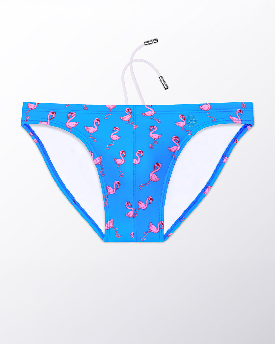 Ghost flat lay of the Pink Flamingos Swim Mini Brief, highlighting the all-over flamingo pattern, contoured front, and minimal coverage fit.