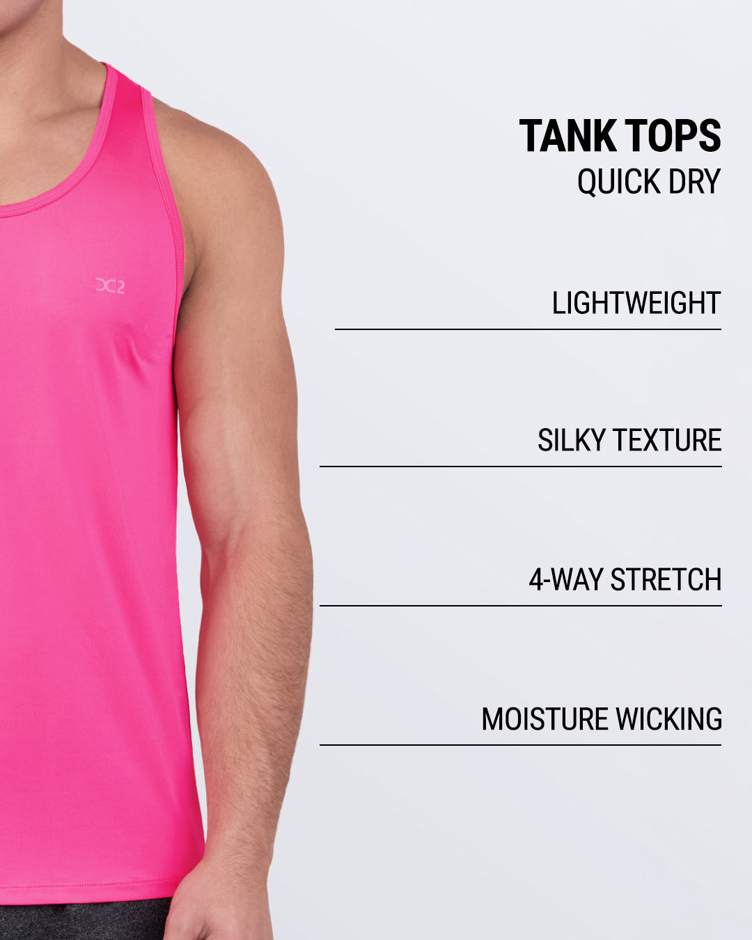 DC2 Pink Bomb Gym Tank Top — feature graphic showcasing lightweight, silky texture, and moisture-wicking design.
