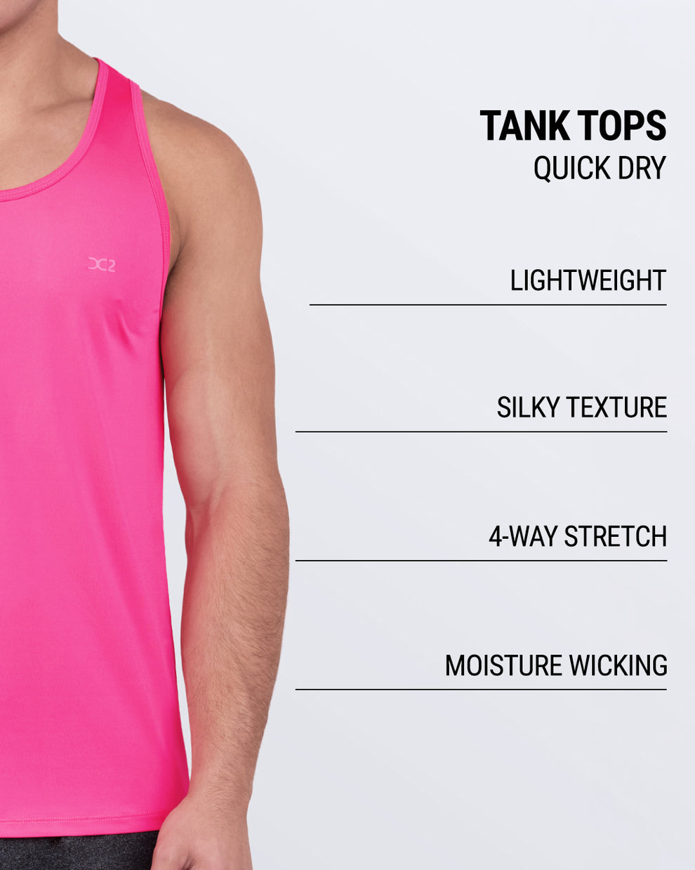 DC2 Pink Bomb Gym Tank Top — feature graphic showcasing lightweight, silky texture, and moisture-wicking design.