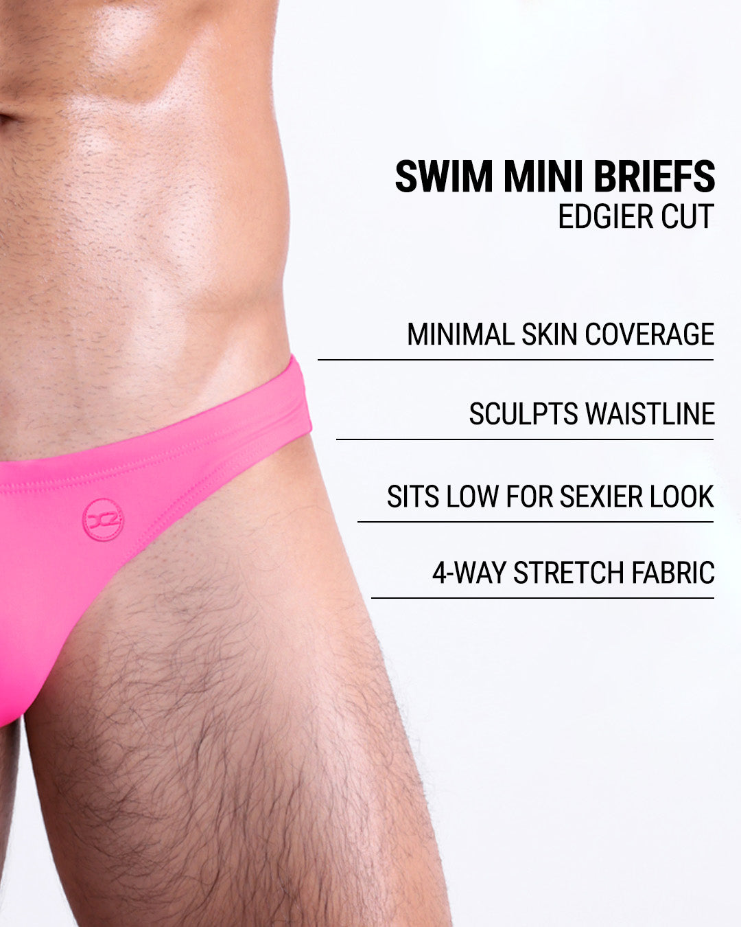 Product details graphic of PINK BOMB Swim Mini Briefs — showcasing minimal coverage, low-rise fit, 4-way stretch fabric, and sculpting waistband.