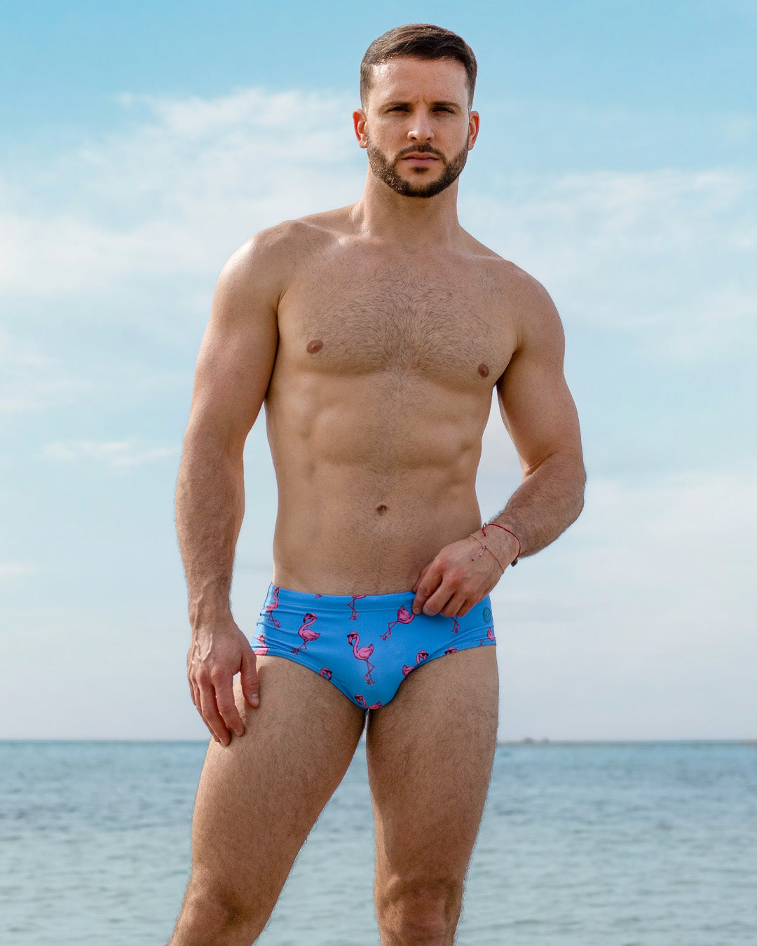 DC2 Pink Flamingo Swim Sunga — model wearing bright blue swim sunga featuring playful pink flamingo prints, designed with a smooth stretch fit and low-rise cut for a bold yet relaxed beach look.