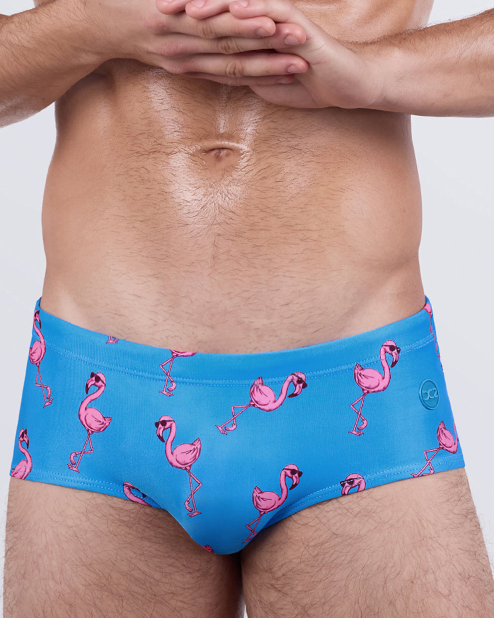 PINK FLAMINGOS men’s swim sunga showing seamless coverage and a fun all-over flamingo print on electric blue fabric.
