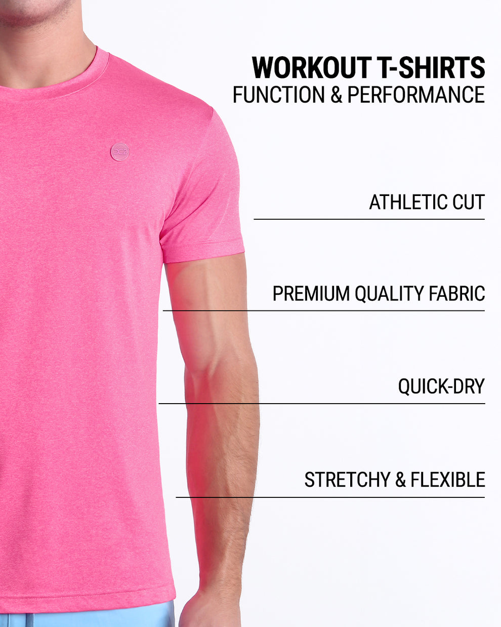 Pinktensity Workout T-Shirt infographic featuring an athletic cut, premium performance fabric, quick-dry technology, and stretchy, flexible construction for training.