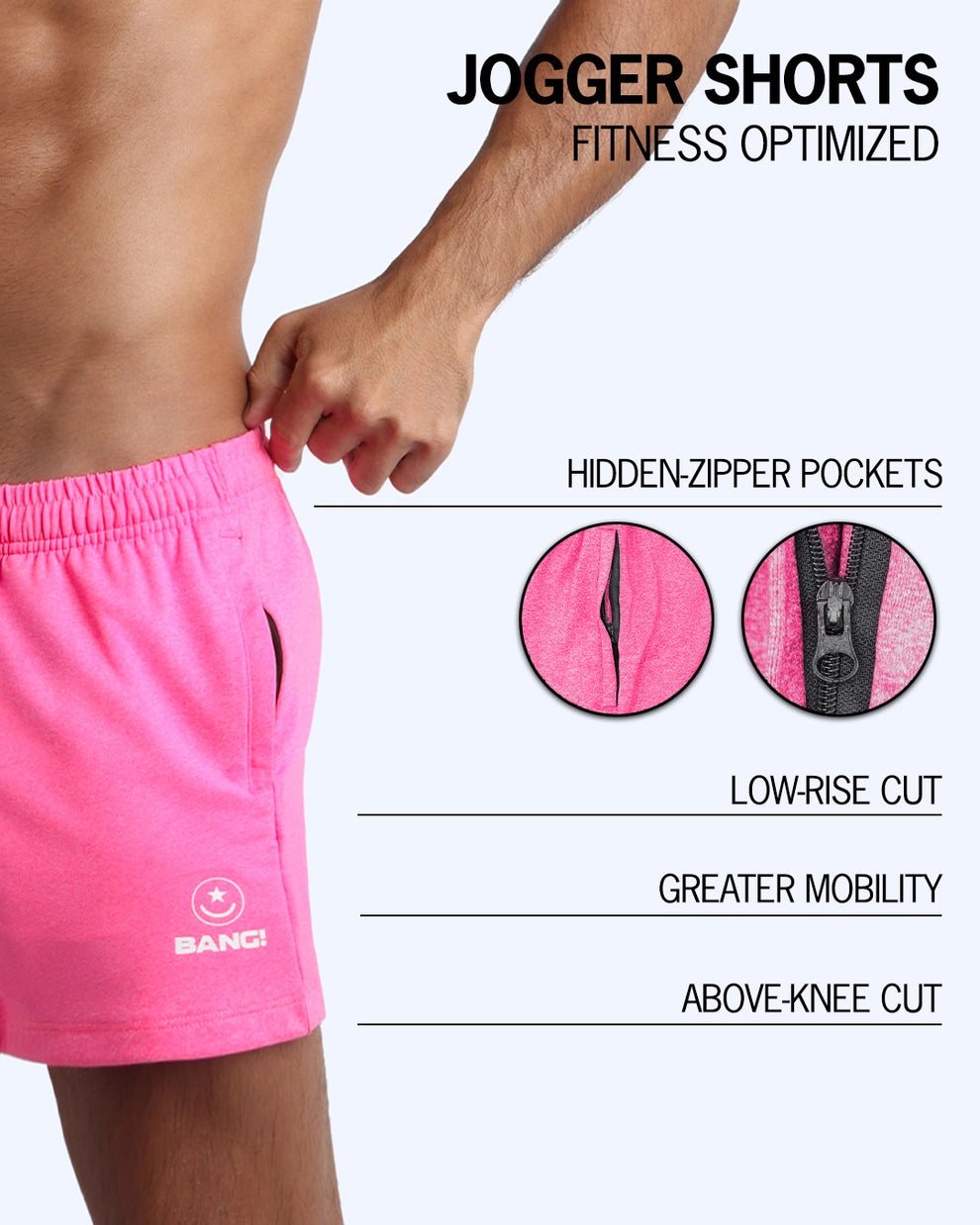 The BANG! PINKTENSITY Jogger Shorts - designed with sweat-wicking fabric to keep you cool and dry, hidden zipper pockets to keep your essentials safe, a low-rise cut for a comfortable fit, and an above-knee length for maximum mobility. 