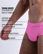 Infographic explaining the classic cut with a tune-up PINKTYQUE Swim Brief by DC2. These men swimsuit is low-rise seat for optimal fit, available with or without 'Full-Pack' insert, comfier front pouch, and fully lined inside.