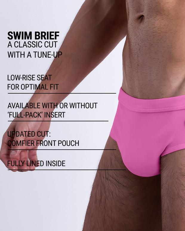 Infographic explaining the classic cut with a tune-up PINKTYQUE Swim Brief by DC2. These men swimsuit is low-rise seat for optimal fit, available with or without &