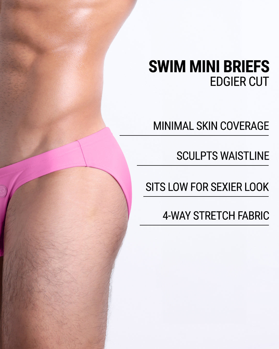 Infographic explaining the edgier cut of the Swim Mini Briefs. Features sculpt waistline, 4-way stretch fabric, sits low for sexier look, and has quick-dry material.