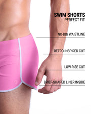 These infographics illustrate the features of the new DC2 Swim Shorts in PINKTYQUE. They have a retro-inspired cut, a low-rise design, and a brief-shaped liner inside, while the no-dig waistline ensures maximum comfort.