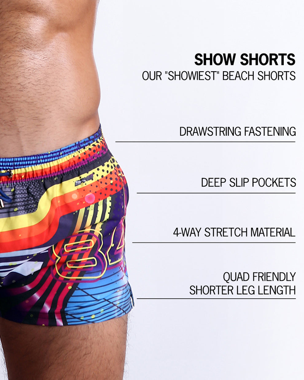 Infographic explaining  BANG!'s Show Shorts the "showiest" beach shorts. These shorts have drawstring fastening, deep slip pockets, 4-way stretch material, and quad friendly shorter leg length. 