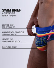 Infographic explaining the classic cut with a tune-up POOL POSITION Swim Brief by BANG! Clothes. These men swimsuit is low-rise seat for optimal fit, available with or without 'Full-Pack' insert, comfier front pouch, and fully lined inside.