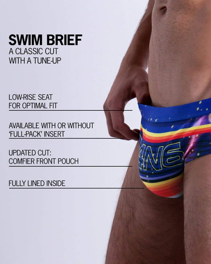 Infographic explaining the classic cut with a tune-up POOL POSITION Swim Brief by BANG! Clothes. These men swimsuit is low-rise seat for optimal fit, available with or without &