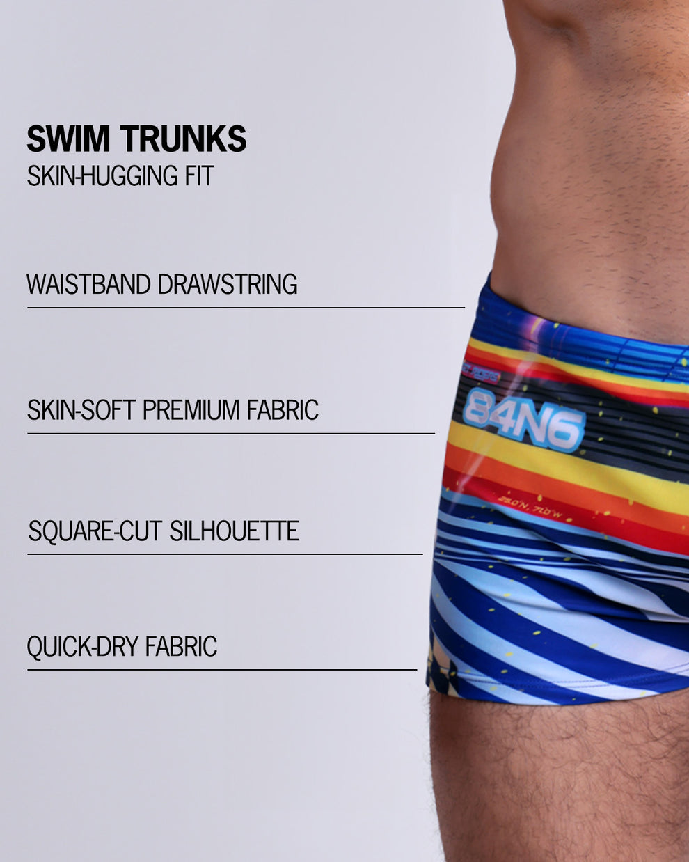 Infographic explaining the Swim Trunks swimming shorts by BANG! These Swim Trunks have a skin-hugging fit, have a wasitband drawstring, zippered mini pocket, square-cut silhouette and quick-dry fabric.