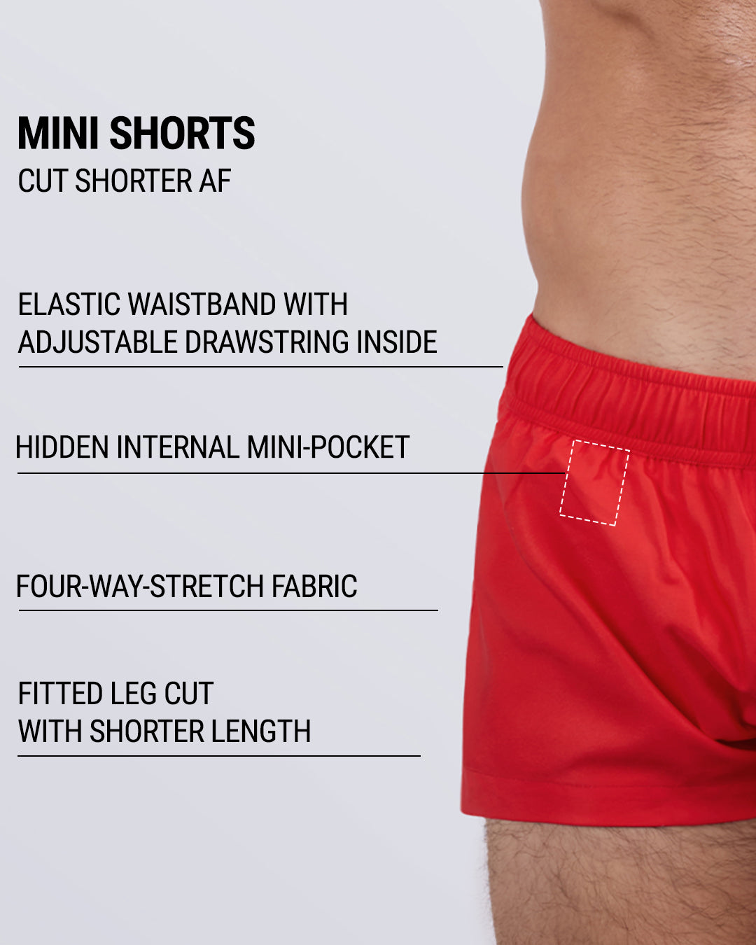Detailed close-up of the PRIME RED Mini Shorts by DC2 Miami, highlighting key features: ultra-short fitted design, elastic waistband with an internal adjustable drawstring, hidden internal mini-pocket, four-way stretch fabric, and a sleek, contoured leg cut.