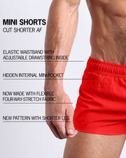 Infographic explaining the PRIME RED Mini Shorts features and how they're cut shorter. They have an elastic waistband with an adjustable drawstring inside, they have a hidden internal mini-pocket, now made with flexible four-way stretch fabric and a new pattern with shorter legs.