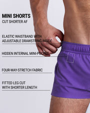 Infographic explaining the many features of the PURPLE MACHINE Mini Shorts. These MINI SHORTS have elastic waistband with adjustable drawstring inside, hidden internal mini-pocket, 4-way stretch fabric, and are quad friendly with fitted leg cut with shorter leg length. 