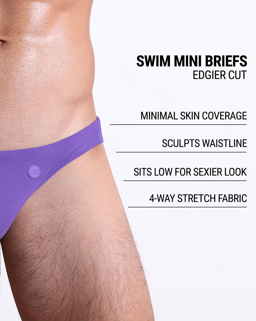 Infographic explaining the edgier cut of the Swim Mini Briefs. Features sculpt waistline, 4-way stretch fabric, sits low for sexier look, and has quick-dry material.