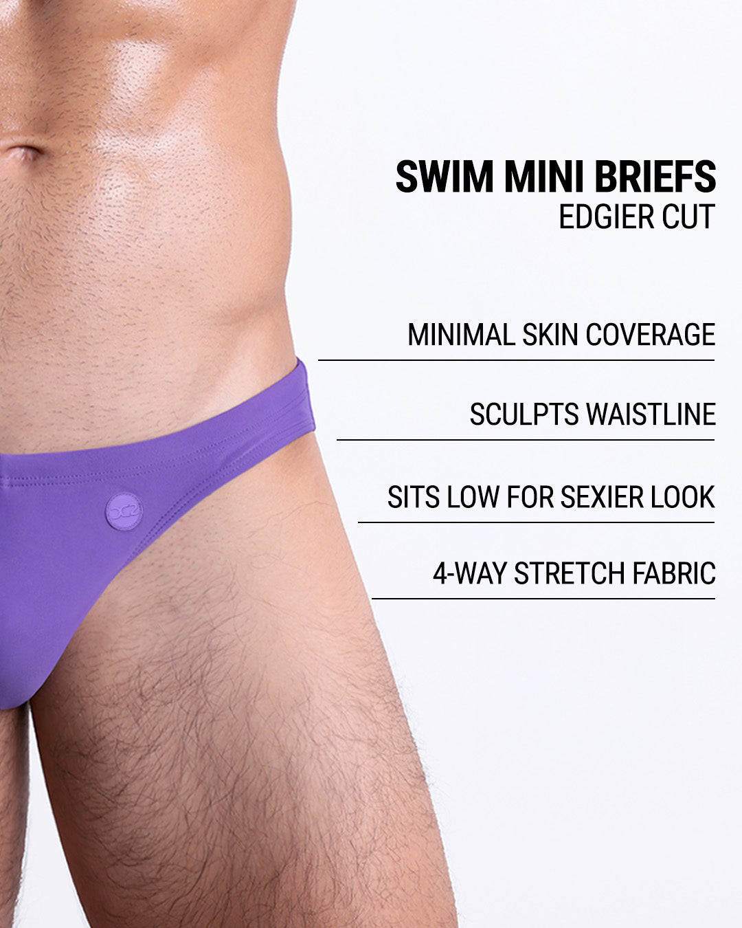 Infographic explaining the edgier cut of the Swim Mini Briefs. Features sculpt waistline, 4-way stretch fabric, sits low for sexier look, and has quick-dry material.