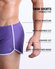 These infographics illustrate the features of the new DC2 Swim Shorts in PURPLE MACHINE. They have a retro-inspired cut, a low-rise design, and a brief-shaped liner inside, while the no-dig waistline ensures maximum comfort.