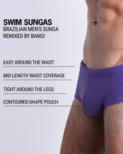 Infographic explaining the Brazilian Men's Swim Sunga remixed by BANG! These Swim Sunga are easy around the waist, are mid-length waist coverage, are tight aroung the legs, and have contoured-shape pouch.