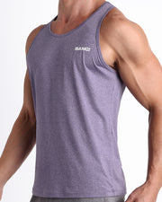 Side view of men’s workout tank top in PURPLE MARVEL a marbled lilac violet/pink in the color with white logo made by BANG! Clothing the official brand of mens beachwear. 