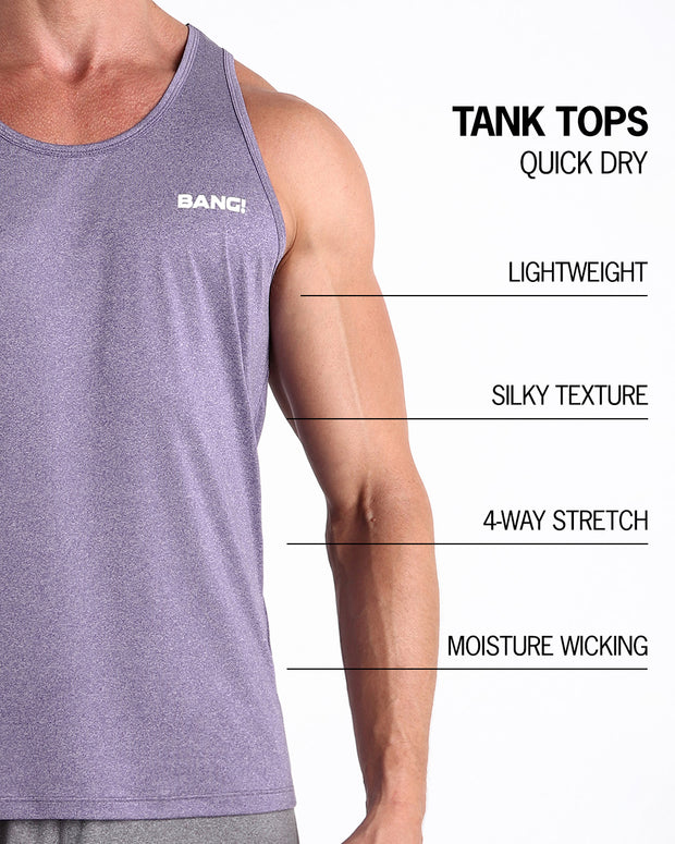 Infographic explaining how lightweight, silky texture, 4-way stretch, moisture wicking material of the BANG! clothes fitness tank top.