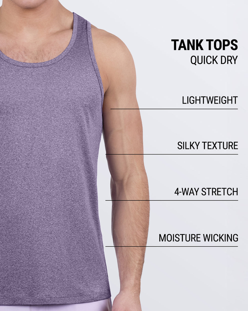 Close-up of DC2 PURPLE MARVEL performance tank top highlighting quick-dry, silky feel, 4-way stretch, and moisture-wicking properties, perfect for men’s activewear and summer fitness.