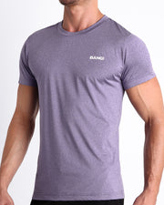Side view of men’s exercise tee for gym, crossfit, yoga a marbled lilac violet/pink color with white logo made by BANG! Clothing the official brand of mens beachwear. 