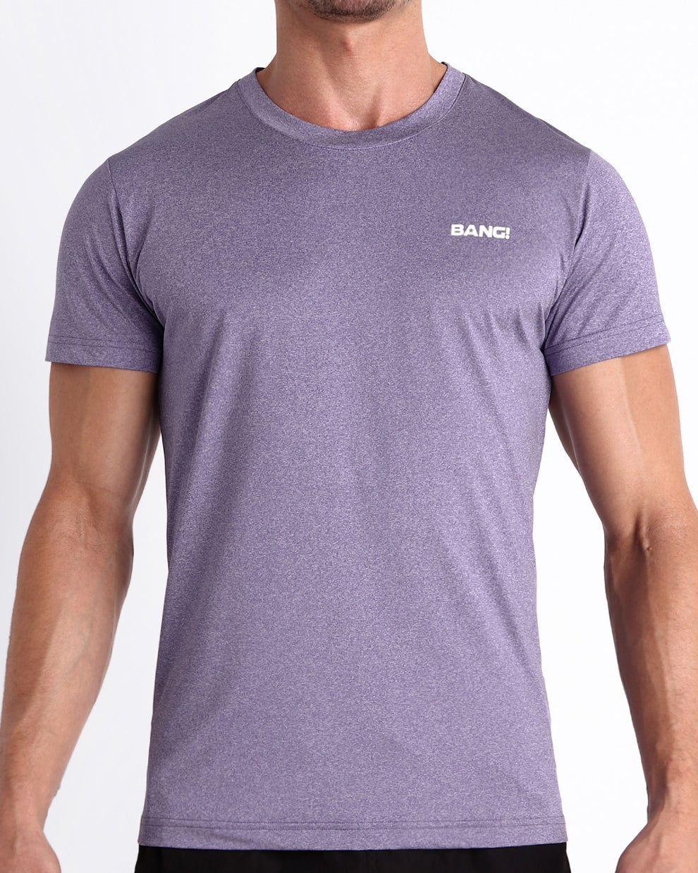 Frontal view of male model wearing the PURPLE MARVEL in a solid marbled purple color quick-dry workout shirt by the Bang! brand of men's beachwear from Miami.