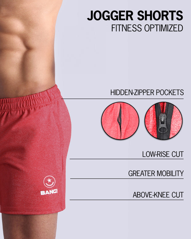 The BANG! READY RED Jogger Shorts - designed with sweat-wicking fabric to keep you cool and dry, hidden zipper pockets to keep your essentials safe, a low-rise cut for a comfortable fit, and an above-knee length for maximum mobility. 