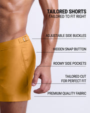 Infographic explaining the Tailored Shorts features and how they're tailored to fit every body form. They have hidden snap button with zipper, adjustable side buckles, and hidden snap button with zipper premium quality beach shorts for men.