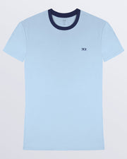 The RING ON IT BLUE,  light blue Pima cotton t-shirt with a bold navy blue collar, crafted for stylish casual wear and beachwear by DC2 Miami. Premium quality men's streetwear t-shirt, perfect fit for summer fashion.