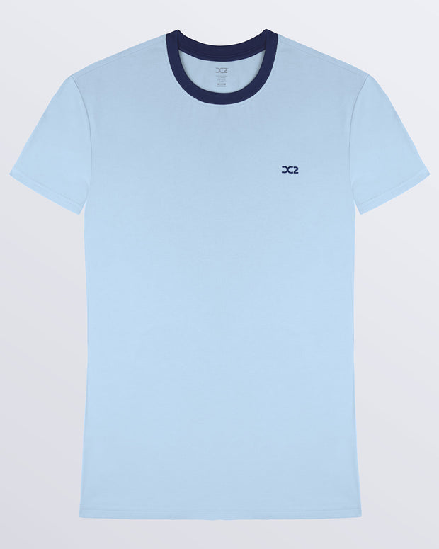 The RING ON IT BLUE,  light blue Pima cotton t-shirt with a bold navy blue collar, crafted for stylish casual wear and beachwear by DC2 Miami. Premium quality men&