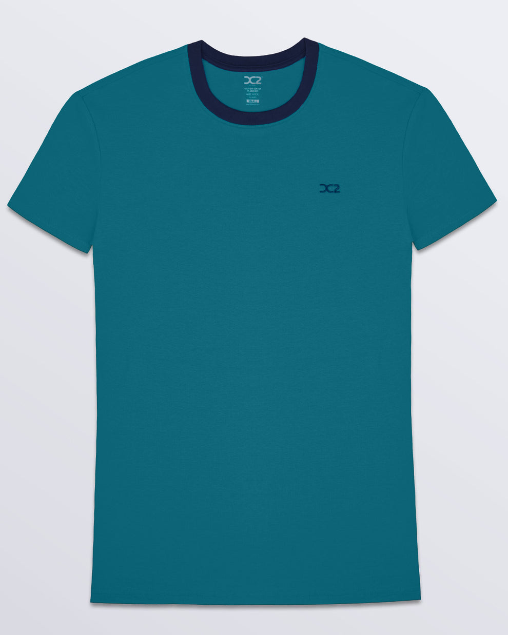 The men's premium solid teal color RING ON IT TEAL Pima cotton t-shirt with a contrasting navy blue collar and embroidered DC2 logo. Perfect for a modern casual look, this streetwear tee is part of the DC2 Miami men's beachwear collection, designed for comfort and style.