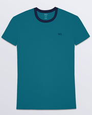 The men's premium solid teal color RING ON IT TEAL Pima cotton t-shirt with a contrasting navy blue collar and embroidered DC2 logo. Perfect for a modern casual look, this streetwear tee is part of the DC2 Miami men's beachwear collection, designed for comfort and style.