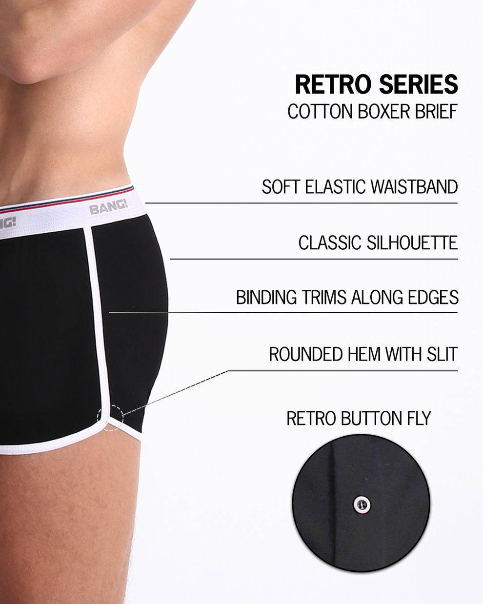 An infographic displays the premium quality of the Cotton Boxer Brief Retro Series. It features a soft elastic waistband, classic silhouette, binding trims along edges, round hem with slit, and a retro button fly.