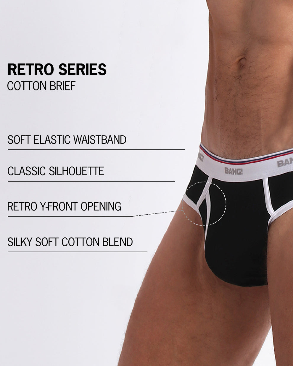 An infographic displays the premium quality of the Cotton Brief Retro Series. It features a soft waistband, classic silhouette, retro y-front opening, and silky cotton blend.