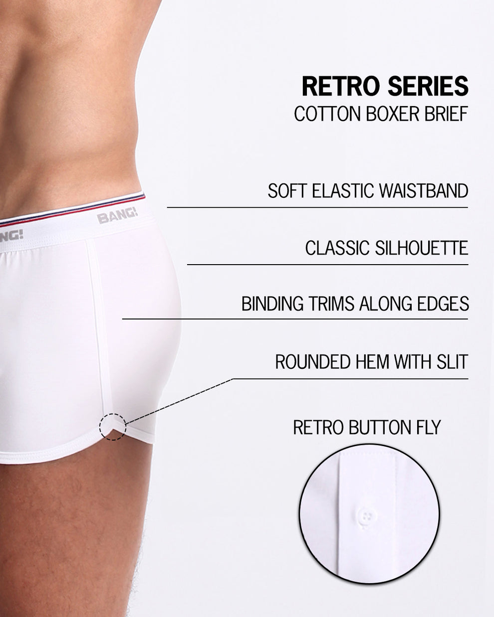 An infographic displays the premium quality of the Cotton Boxer Brief Retro Series. It features a soft elastic waistband, classic silhouette, binding trims along edges, round hem with slit, and a retro button fly.