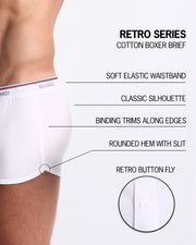 An infographic displays the premium quality of the Cotton Boxer Brief Retro Series. It features a soft elastic waistband, classic silhouette, binding trims along edges, round hem with slit, and a retro button fly.