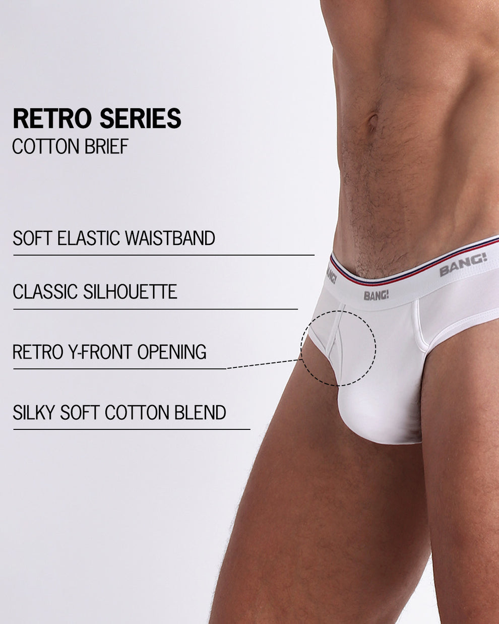 An infographic displays the premium quality of the Cotton Brief Retro Series. It features a soft waistband, classic silhouette, retro y-front opening, and silky cotton blend.