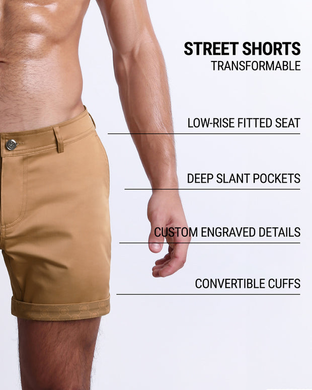 Men tailored fit chino shorts in SAFARI BROWN by DC2 Keeps you feeling comfortable and looking sharp all. Classic chino shorts for men in a cotton blend from DC2 Clothing from Miami. Features two front pockets and custom engraved button front closure with zip fly. Can roll-up cuffs for shorter length and showing internal print. Or hem down for a mid-thigh length and full-solid white color showing.