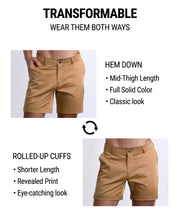 SAFARI BROWN Street shorts by DC2 are tranformable. You're able to wear wear them 2 ways: Hem down or rolled-up cuffs. Hem down have a mid-thigh length, full solid color, and provide a classic chino shorts look. Rolled-up cuffs provide a shorter length, provide a fun print and eye-catching look.