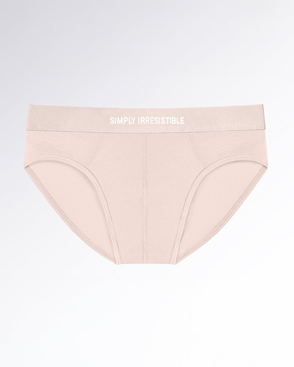 SIMPLY IRRESISTIBLE Modal Briefs — flatlay of soft beige men’s modal briefs with contour stitching and a matching elastic waistband featuring white text.